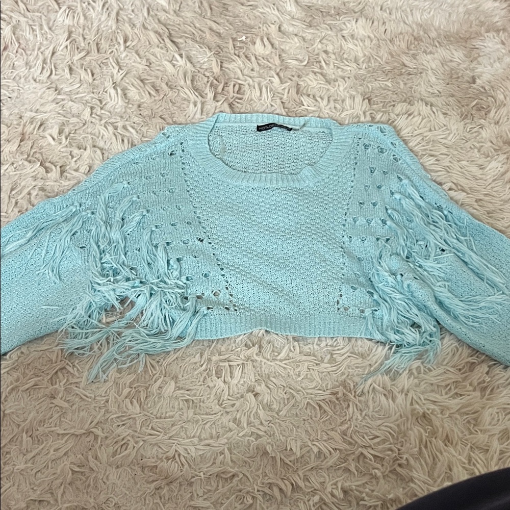 Hot & Delicious Light Blue Cropped Fringe Crewneck Sweater